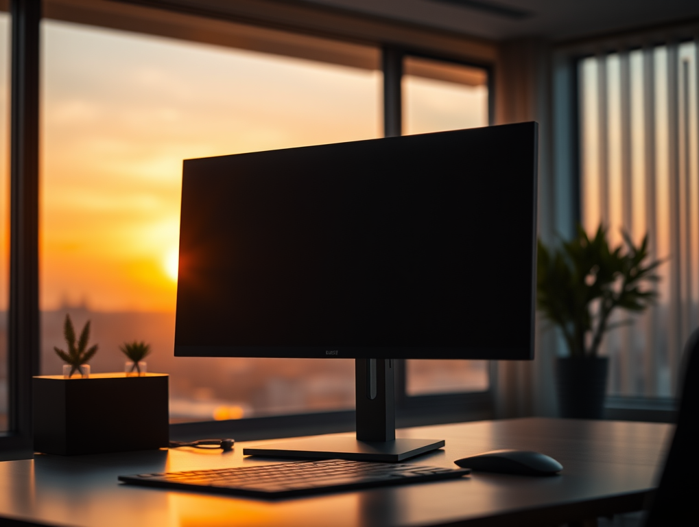 simple-cinematic-computer-monitor-on-desk-with-sunrise-background ...